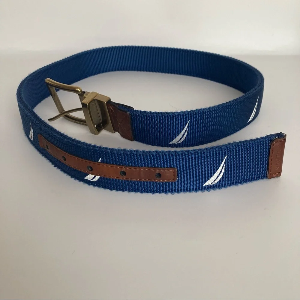 NAUTICA Sailboat Belt Navy Blue Brass Buckle Leather Trim Size 32